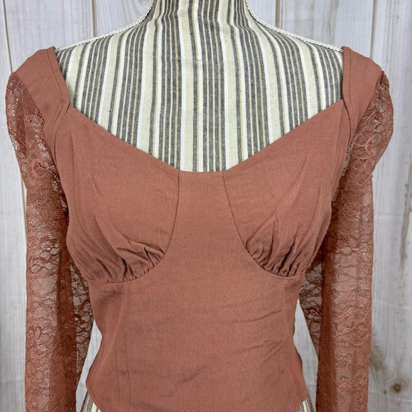 Wild Fable Top Cropped Lace Long Sleeves Dressy Blouse Shirt Brown Size Medium - Picture 4 of 14